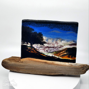 Glass Tapestry - "Rocky Point Storm", 7.5" 5.5". 1/4" thick glass in driftwood stand.